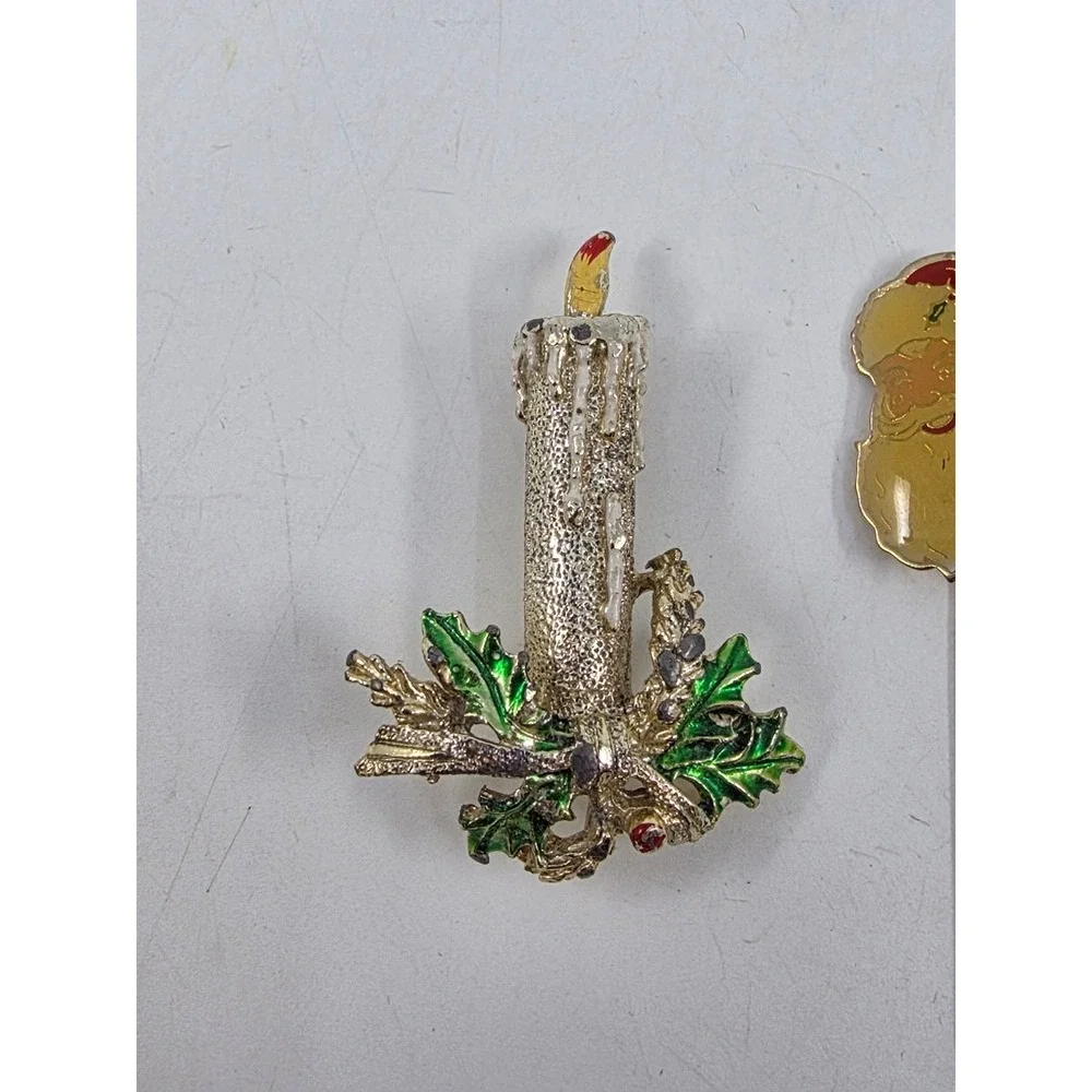 Vintage Christmas Brooch Pin Lot Santa Stick Pin Faux‎ Pearl Bow Candle Enamel